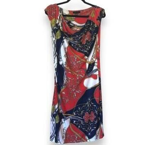 Talia Dress Orange/Navy/Yellow Drape Neck Sleeveless Dress - Size M